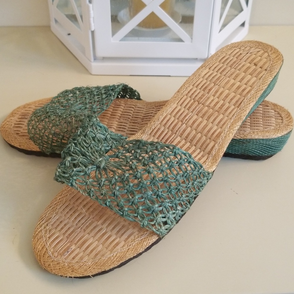 Teal/Green Woven Bamboo Slides Summer Sandal